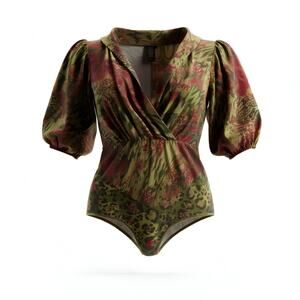 Bisou Bisou Green Animal Floral Bodysuit - XL, Y2K Top